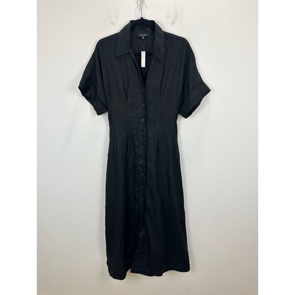 Madewell Pleated Midi Shirtdress 100% Linen A Line Minimalist Black Small NWT - Picture 7 of 14